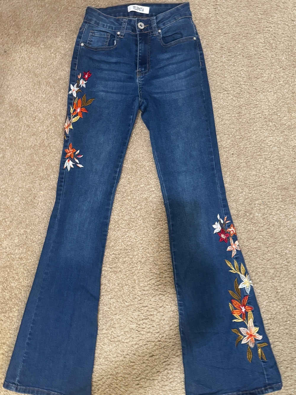Embroidered Dark Blue Flare Jeans with Floral Accents
